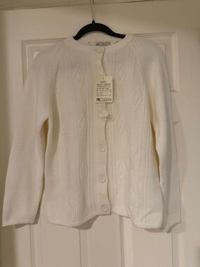 Women's Cream Diamond-Knit Button Cardigan Sweater vintage